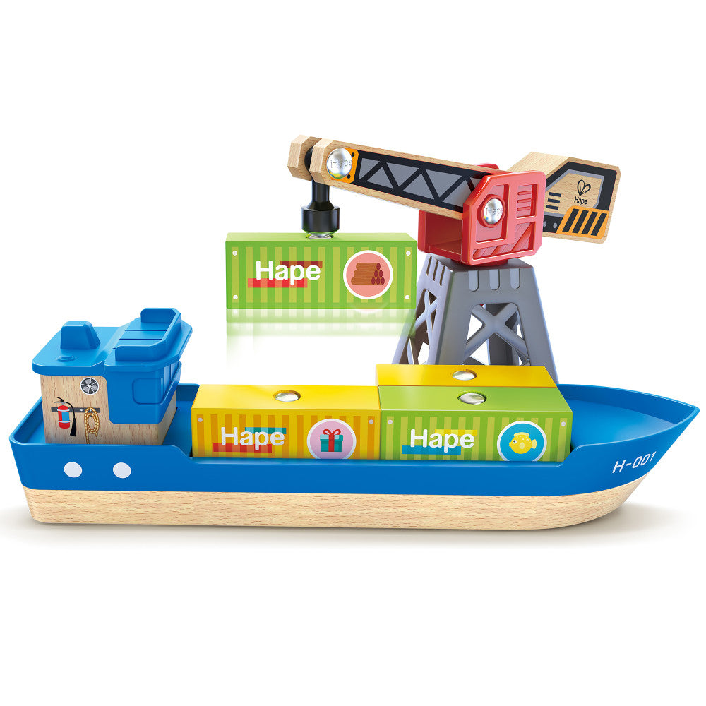 Hape: Cargo Ship & Crane - 6 pc Train Playset, Functional Crane