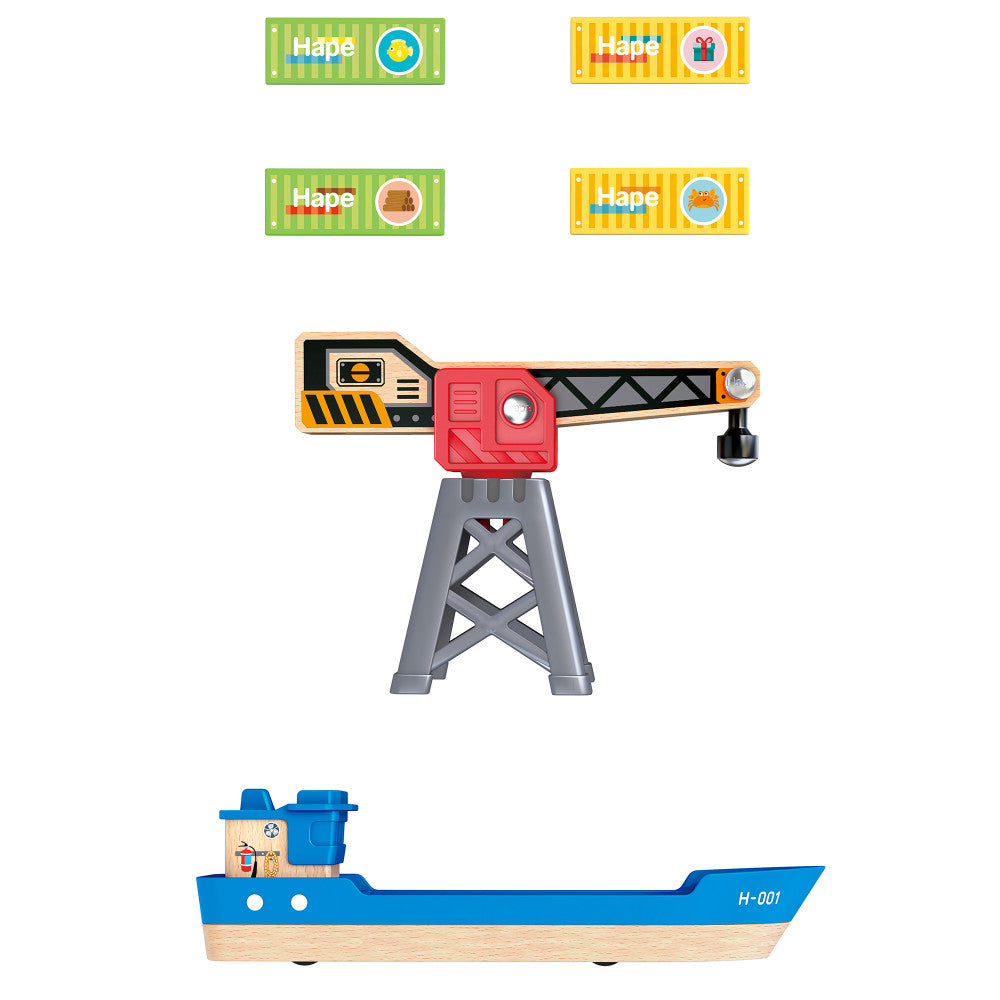 Hape: Cargo Ship & Crane - 6 pc Train Playset, Functional Crane