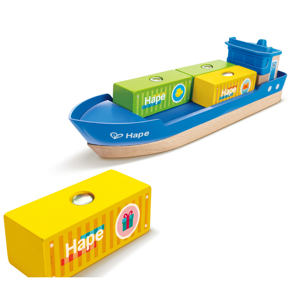 Hape: Cargo Ship & Crane - 6 pc Train Playset, Functional Crane