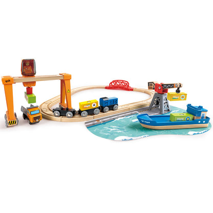 Hape: Cargo Ship & Crane - 6 pc Train Playset, Functional Crane