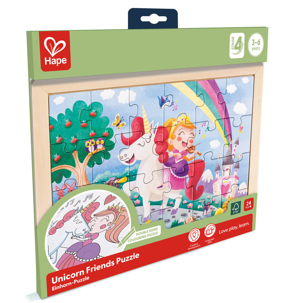 Hape: Unicorn Friends Puzzle - 24pc, Double-Sided Coloring Puzzle