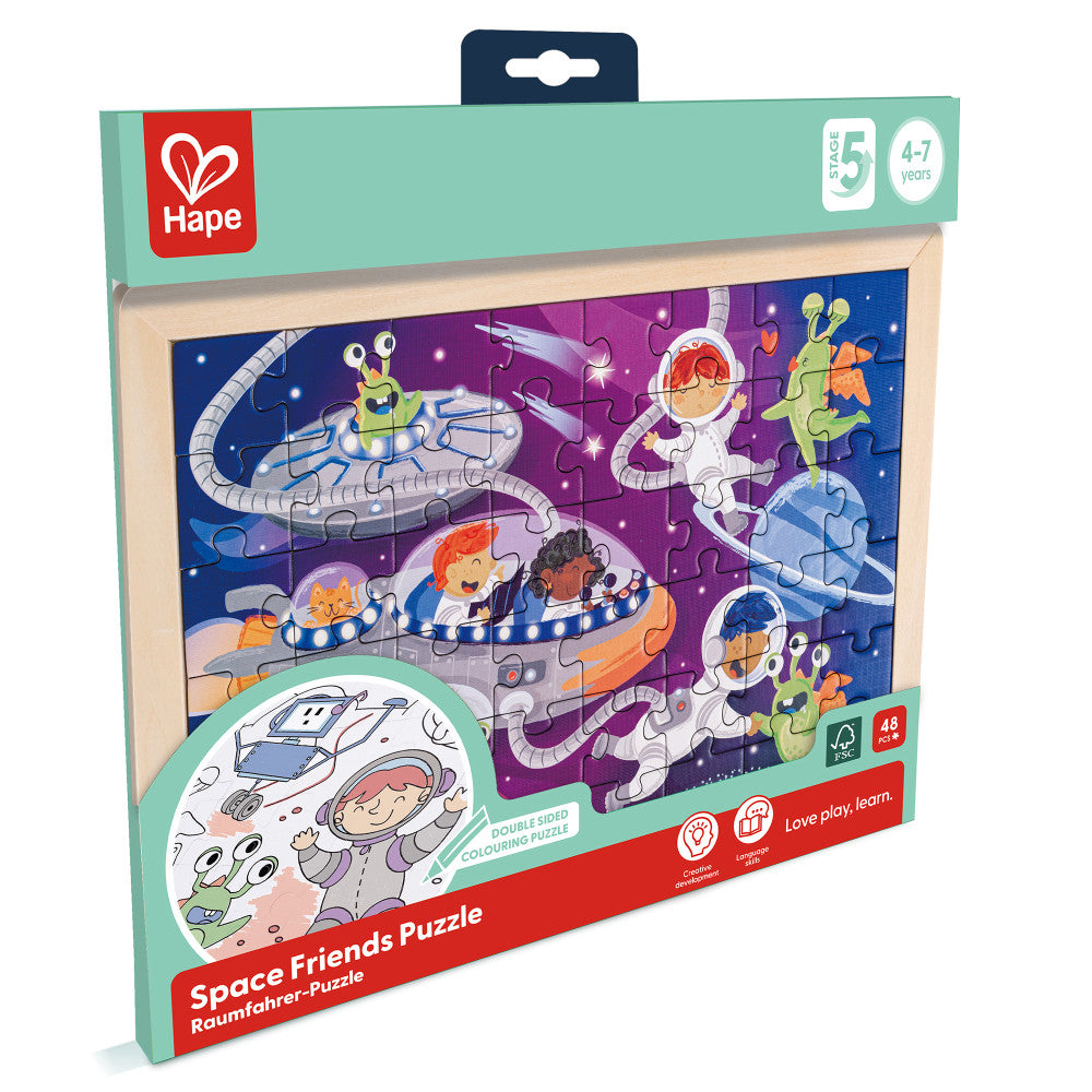 Hape: Space Friends Puzzle - 48pc, Double-Sided Coloring Puzzle