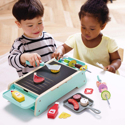 Hape: Sizzling Griddle & Grill BBQ - Teal Wooden Food Playset