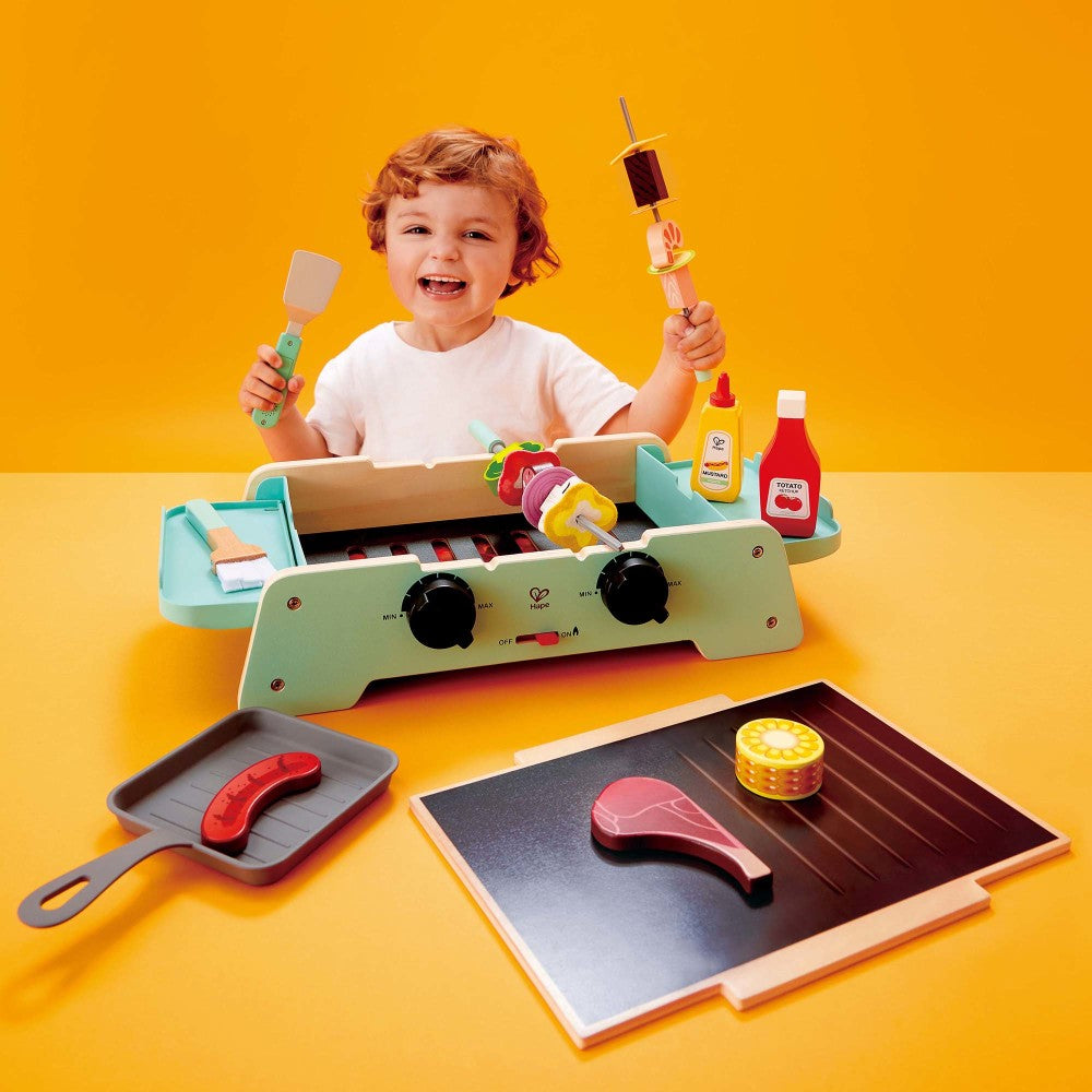 Hape: Sizzling Griddle & Grill BBQ - Teal Wooden Food Playset