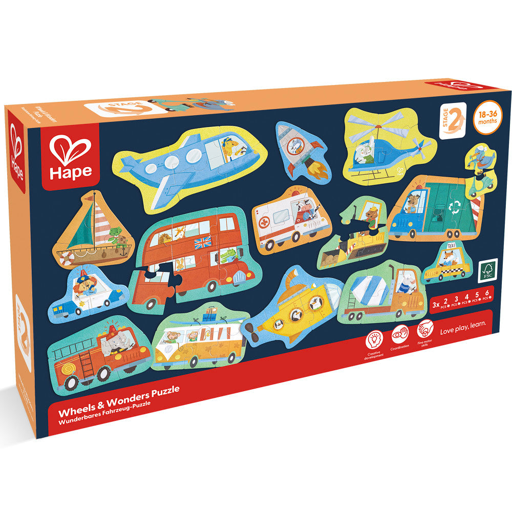 Hape: Wheels & Wonders Puzzle - 15 Mini Vehicle Shaped Puzzles