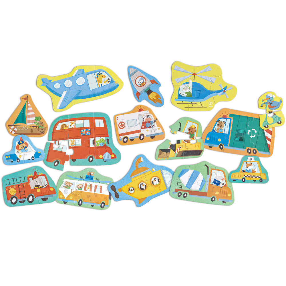 Hape: Wheels & Wonders Puzzle - 15 Mini Vehicle Shaped Puzzles