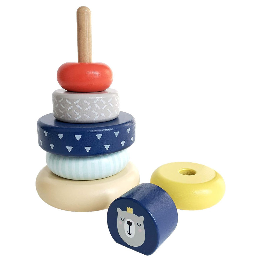 LEO & FRIENDS: Wooden Stacking Ring Toy - Coloful Tower, Benny The Bear Animal Topper