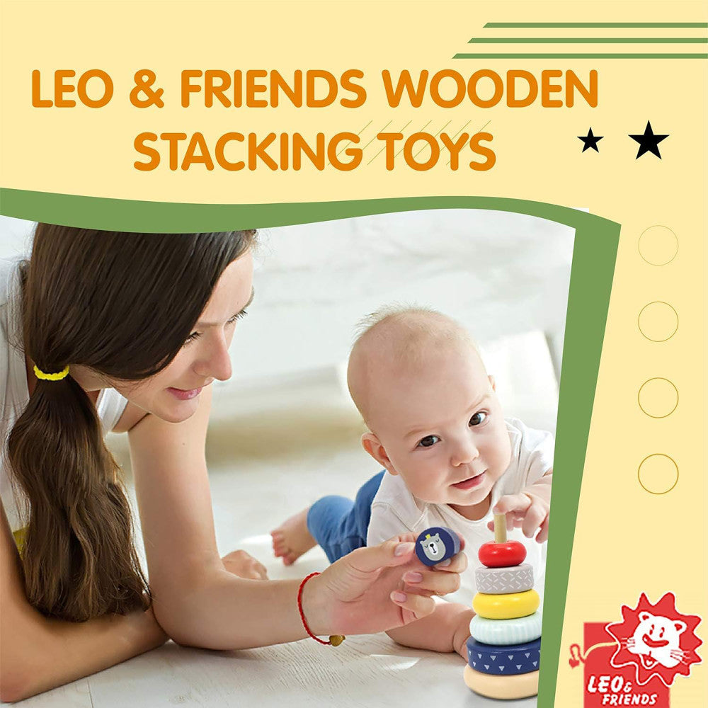 LEO & FRIENDS: Wooden Stacking Ring Toy - Coloful Tower, Benny The Bear Animal Topper