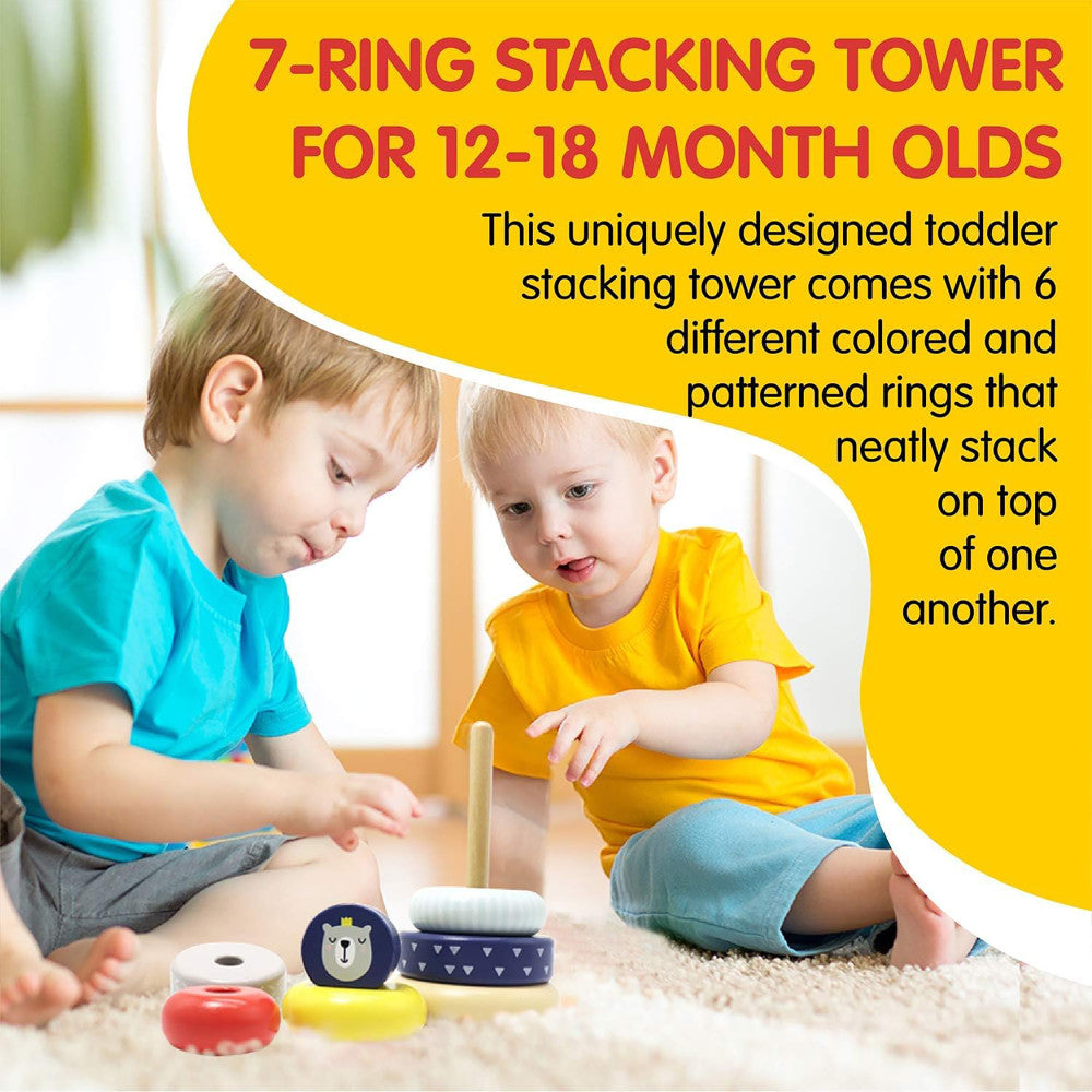 LEO & FRIENDS: Wooden Stacking Ring Toy - Coloful Tower, Benny The Bear Animal Topper