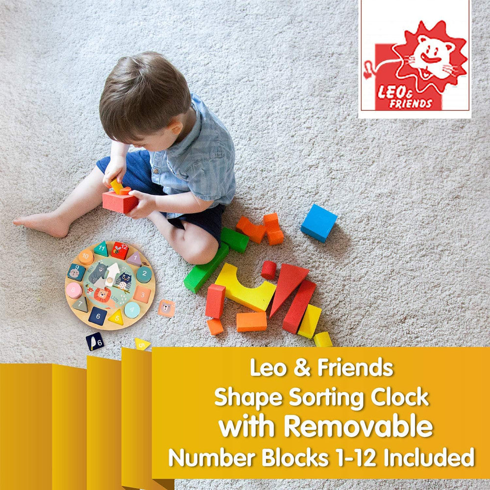 LEO & FRIENDS: Shape Sorting Clock Puzzle - 13pc Wooden Set