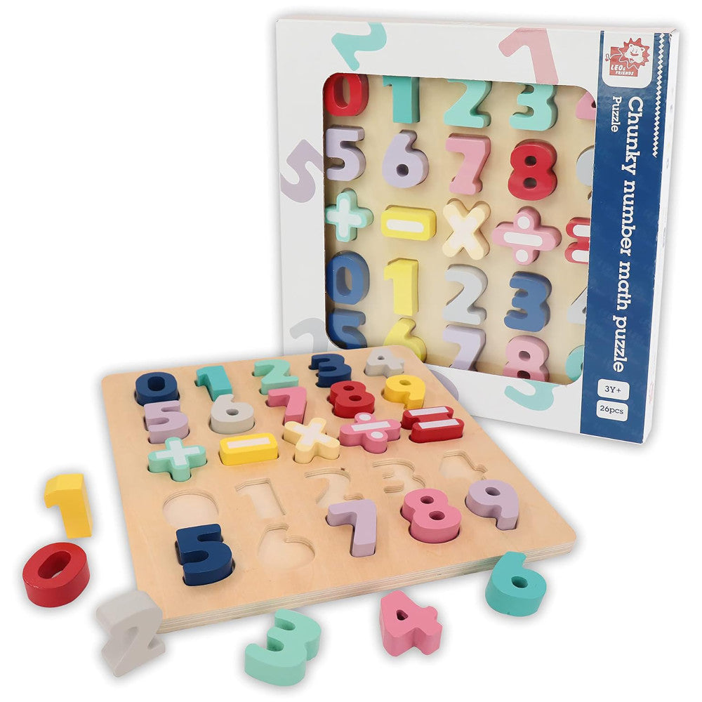 LEO & FRIENDS: Wooden Chunky Number Math Puzzle - 26pc, Colorful Play & Learn Toy