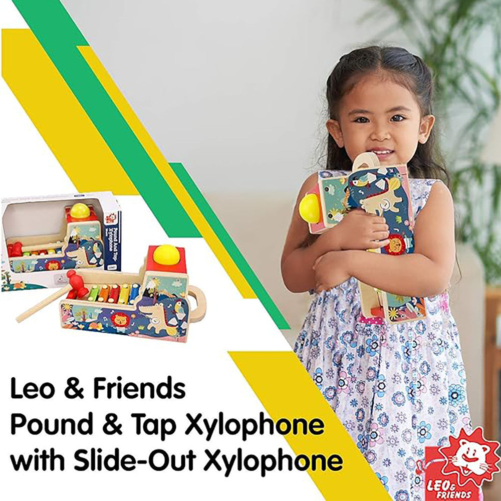 LEO & FRIENDS: Pound & Tap Bench With Slide-Out Xylophone - Wooden Musical Pounding Toy