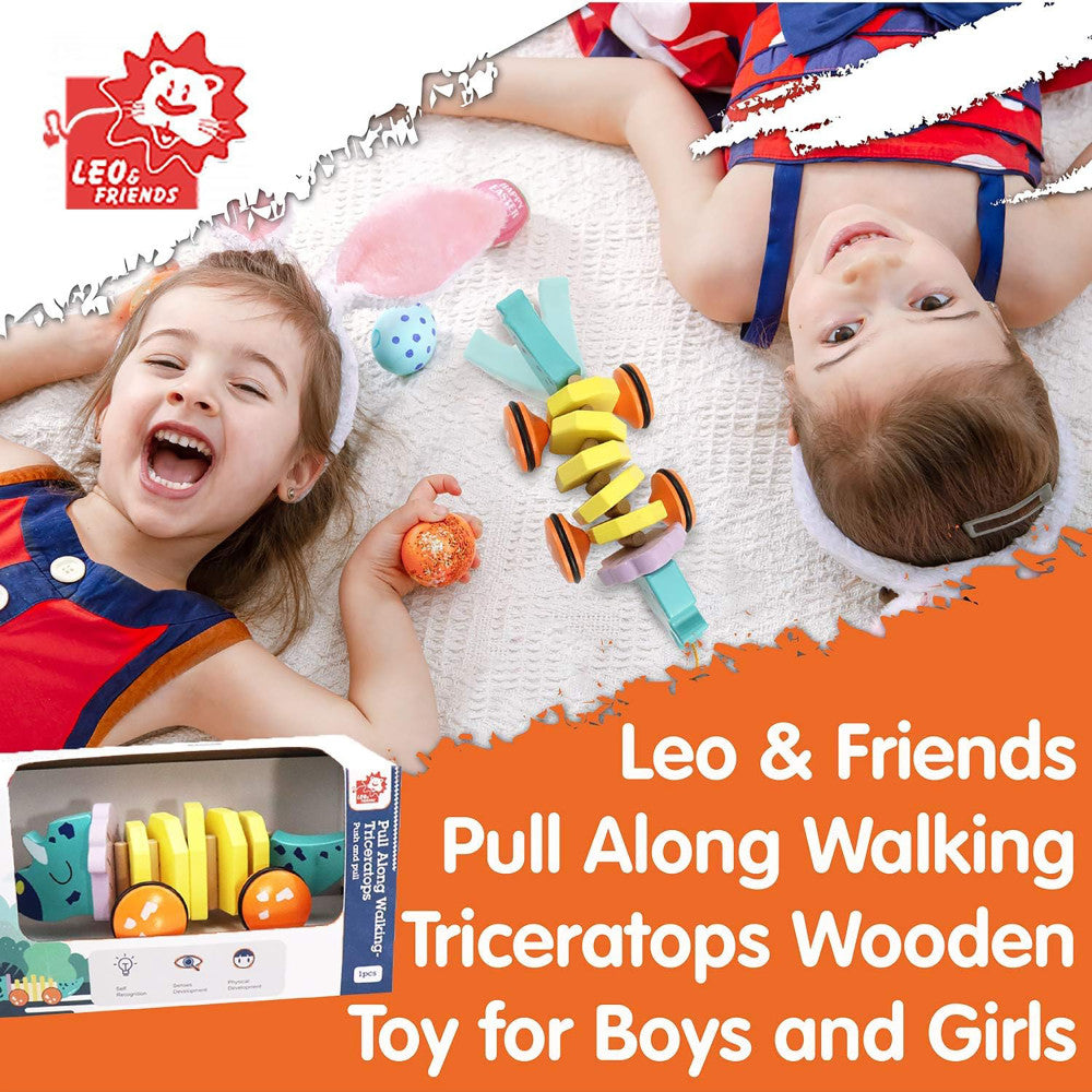 LEO & FRIENDS: Pull-Along Walking Triceratops - Wooden Toy