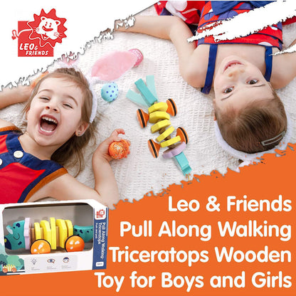 LEO & FRIENDS: Pull-Along Walking Triceratops - Wooden Toy