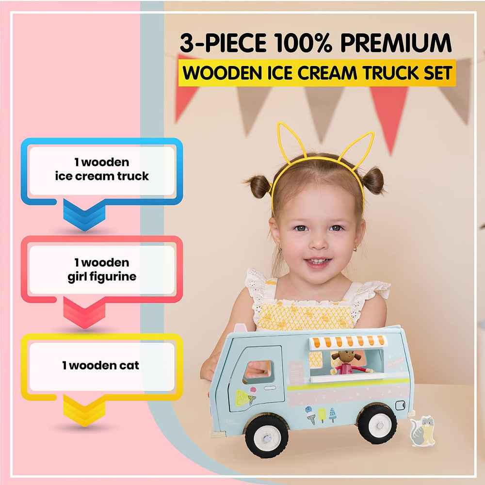 LEO & FRIENDS: Wooden Ice Cream Van - Pastel 3 Piece Toy Playset