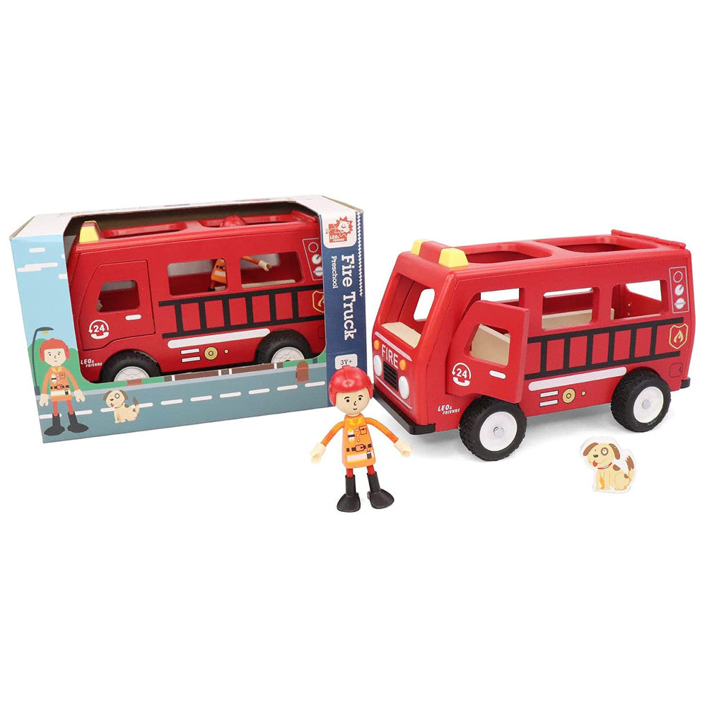 LEO & FRIENDS: Fire Truck Play Set - Red 3 Piece, Wooden Toy Playset