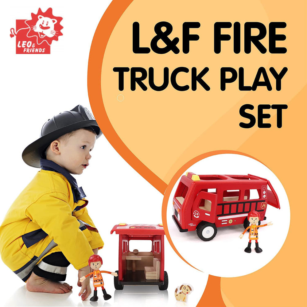 LEO & FRIENDS: Fire Truck Play Set - Red 3 Piece, Wooden Toy Playset