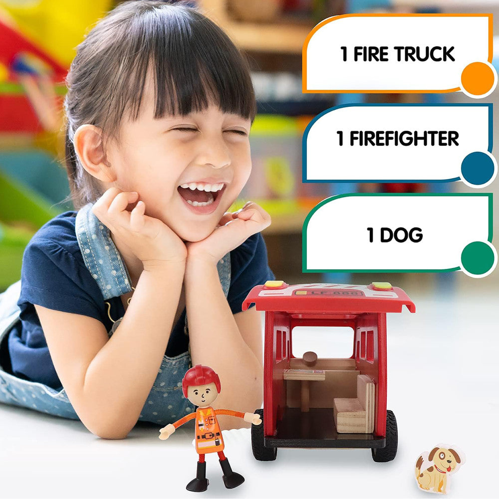 LEO & FRIENDS: Fire Truck Play Set - Red 3 Piece, Wooden Toy Playset