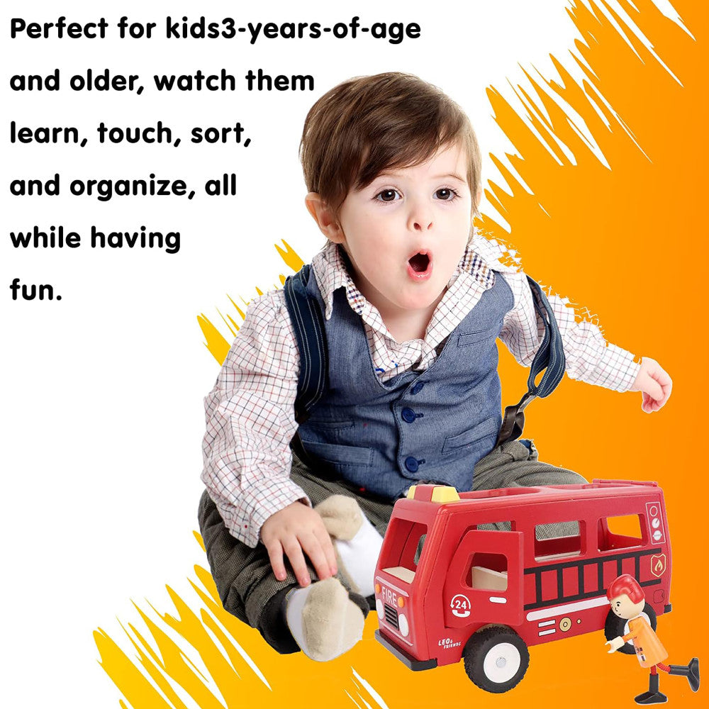 LEO & FRIENDS: Fire Truck Play Set - Red 3 Piece, Wooden Toy Playset