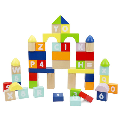 LEO & FRIENDS: Count & Spell Building Block Set - 50 Wooden pcs - Various Colorful Shapes