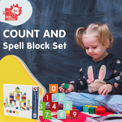 LEO & FRIENDS: Count & Spell Building Block Set - 50 Wooden pcs - Various Colorful Shapes