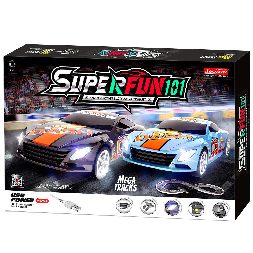Joysway SuperFun 101 - 1/43 Scale USB-Powered Slot Car Racing Set with LED Headlights