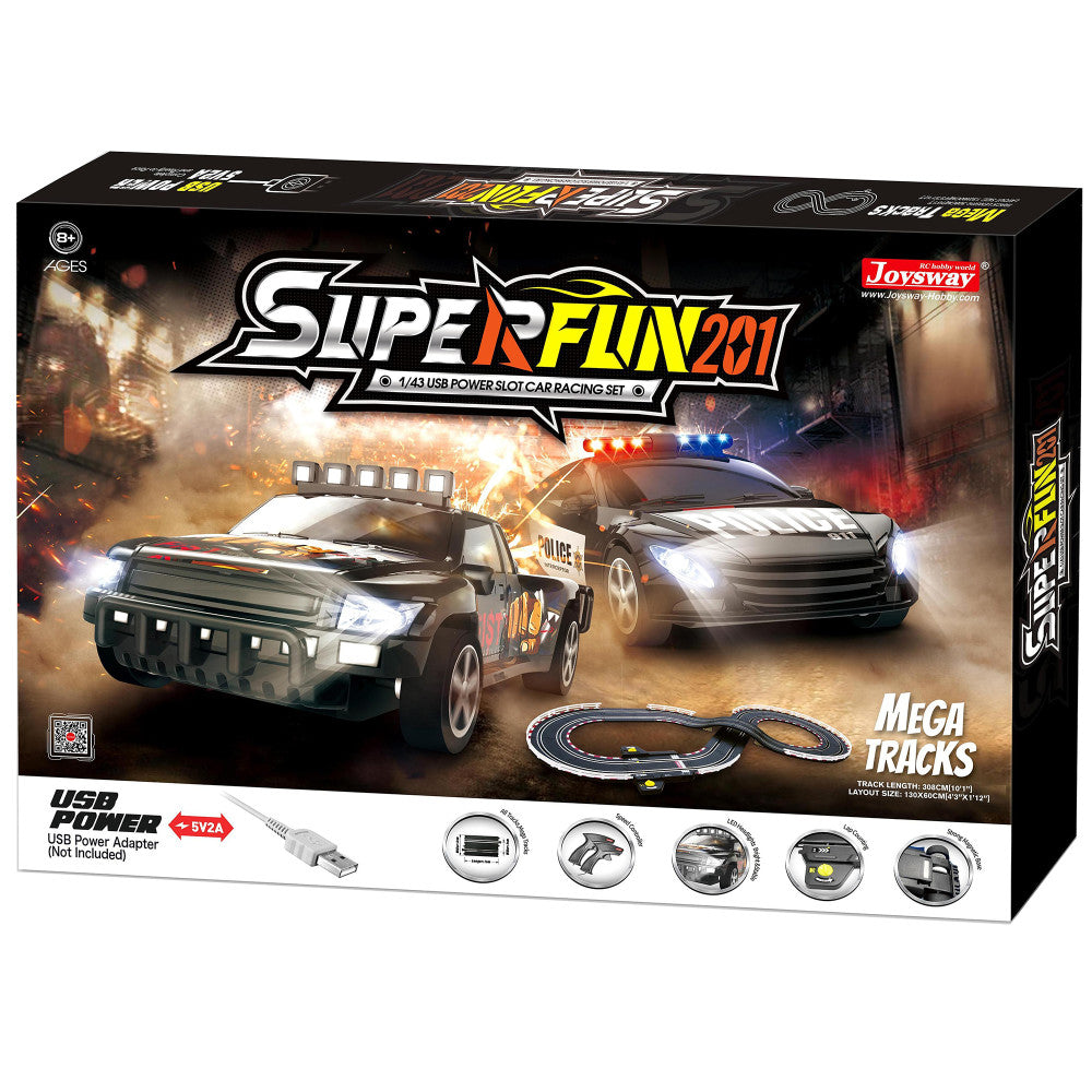 Joysway SuperFun 201 USB-Powered 1:43 Scale Slot Car Racing Set with LED Headlights