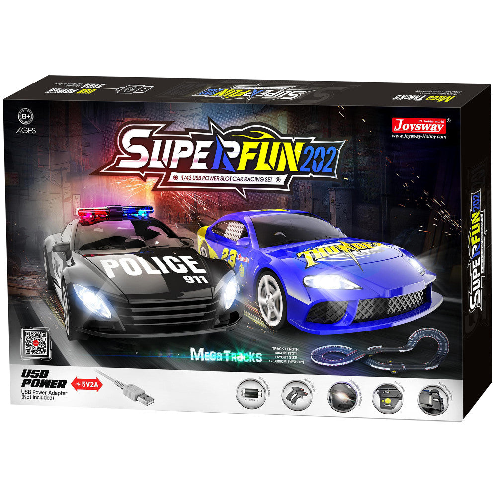 Joysway SuperFun 202 - 1/43 Scale USB-Powered Slot Car Racing Set with LED Headlights and Lap Counter
