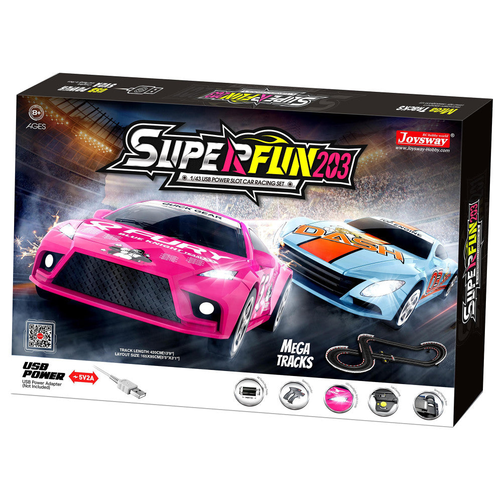 Joysway SuperFun 203 - 1/43 Scale USB-Powered Slot Car Racing Set with LED Headlights and Lap Counter