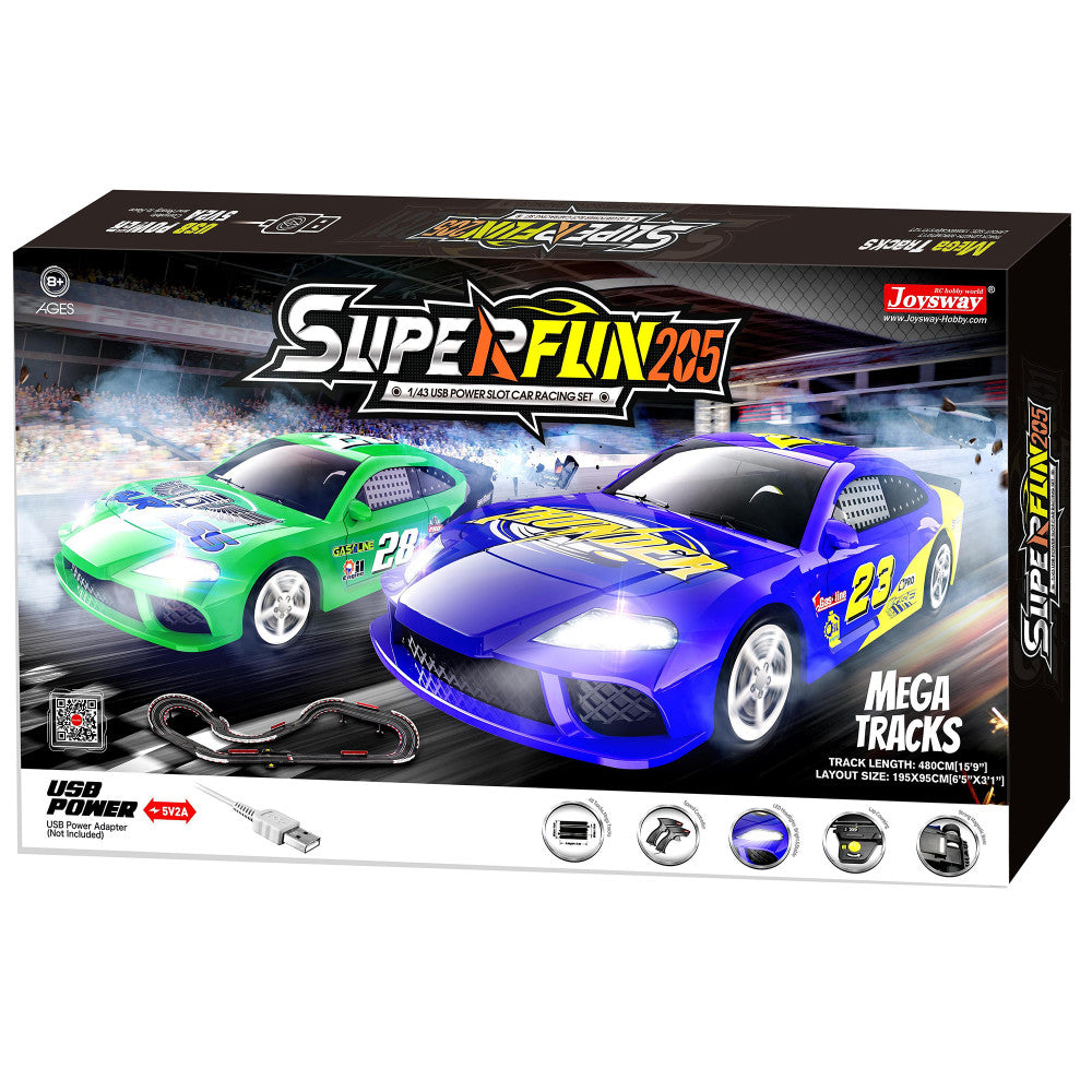 Joysway SuperFun 205 1:43 Scale USB-Powered Slot Car Racing Set with LED Headlights