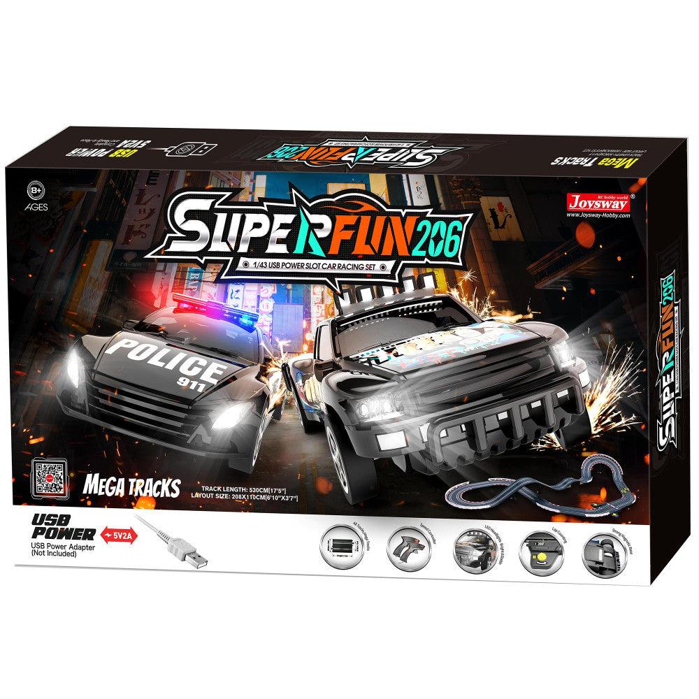 Joysway SuperFun 206 1:43 USB-Powered Slot Car Racing Set with LED Headlights and Lap Counter