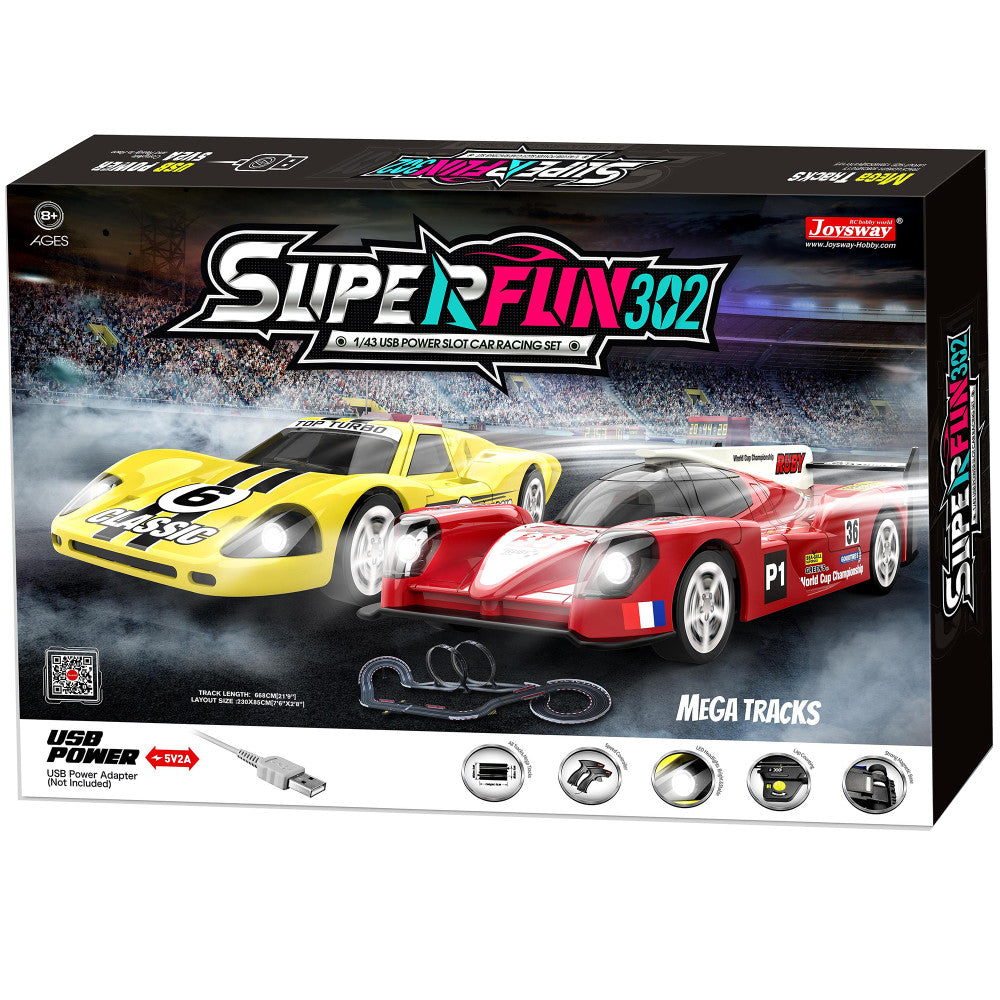 Joysway SuperFun 302 1/43 Scale USB-Powered Slot Car Racing Set with LED Headlights