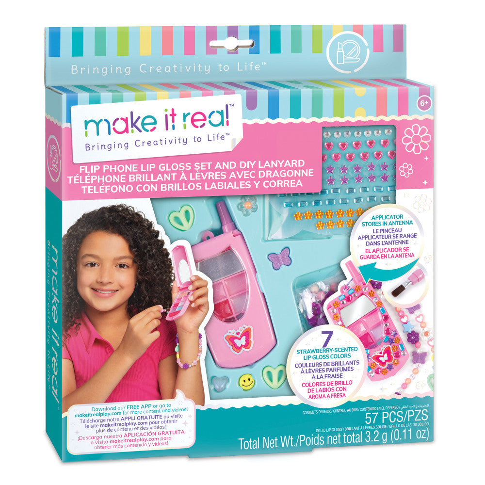 Make It Real Strawberry Scented Flip Phone Lip Gloss & DIY Lanyard Kit - Ages 6+