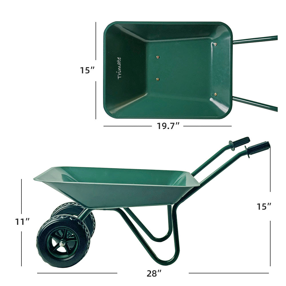 Trimate Metal Wheelbarrow - Hunter Green - Outdoor-Indoor Play Toy, 11x28x15"