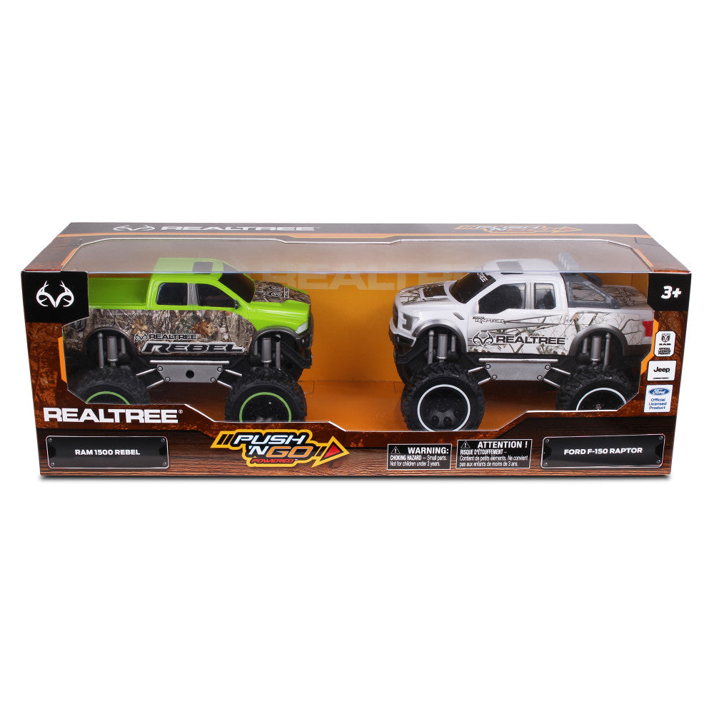 NKOK RealTree Friction-Powered Trucks 2-Pack - Ford F-150 Raptor & RAM Rebel