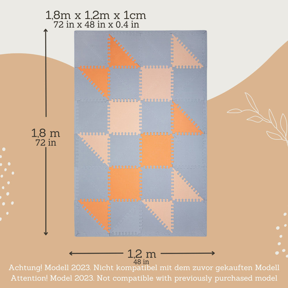 Hakuna Matte: Stylish Baby Play Mat: Grey-Beige-Orange - 72x48", 48 Triangle Foam Floor Tiles