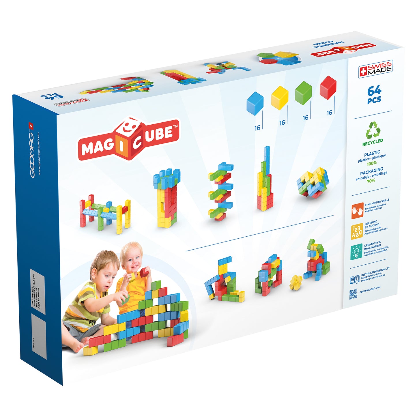 Geomag Magicubes 64-Piece Recycled Magnetic Building Set for Toddlers