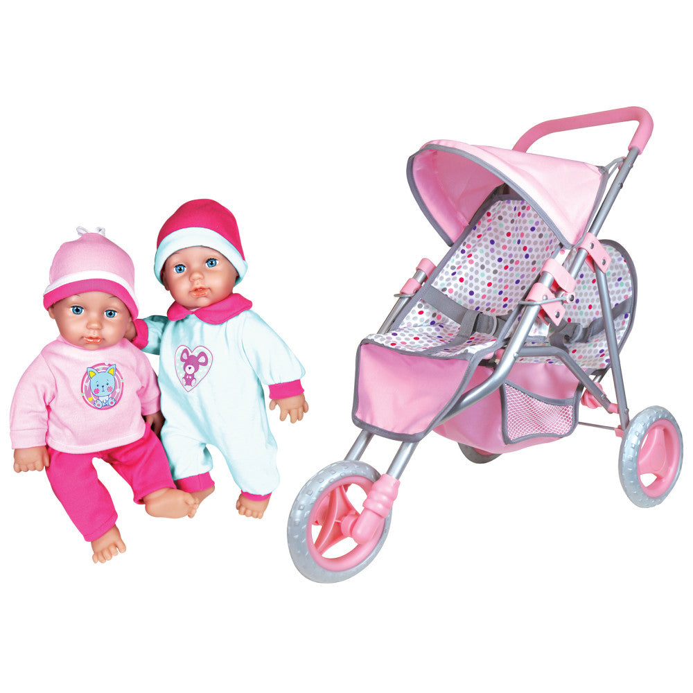 Lissi 11" Deluxe Twin Baby Dolls with Jogger Stroller Playset