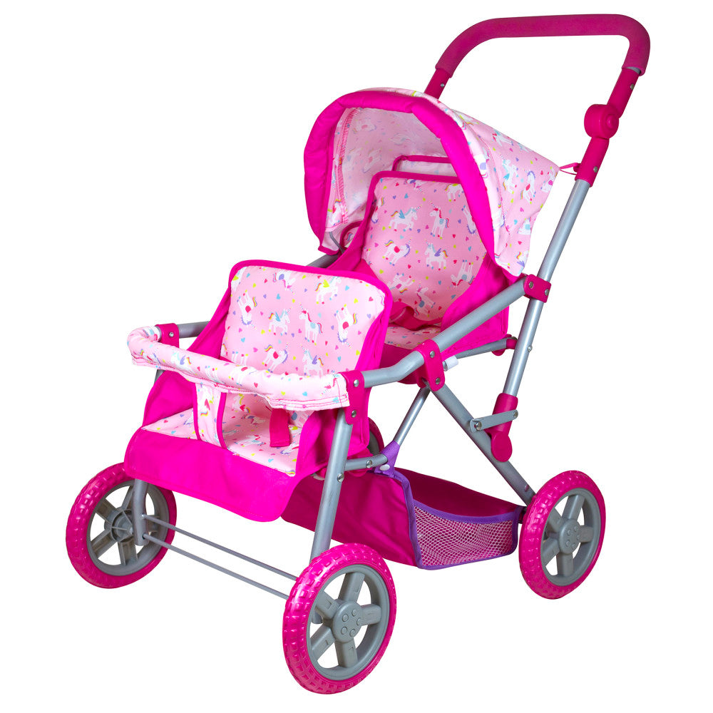 Lissi Deluxe Twin Baby Doll Stroller Playset with Adjustable Handle and Shopping Basket