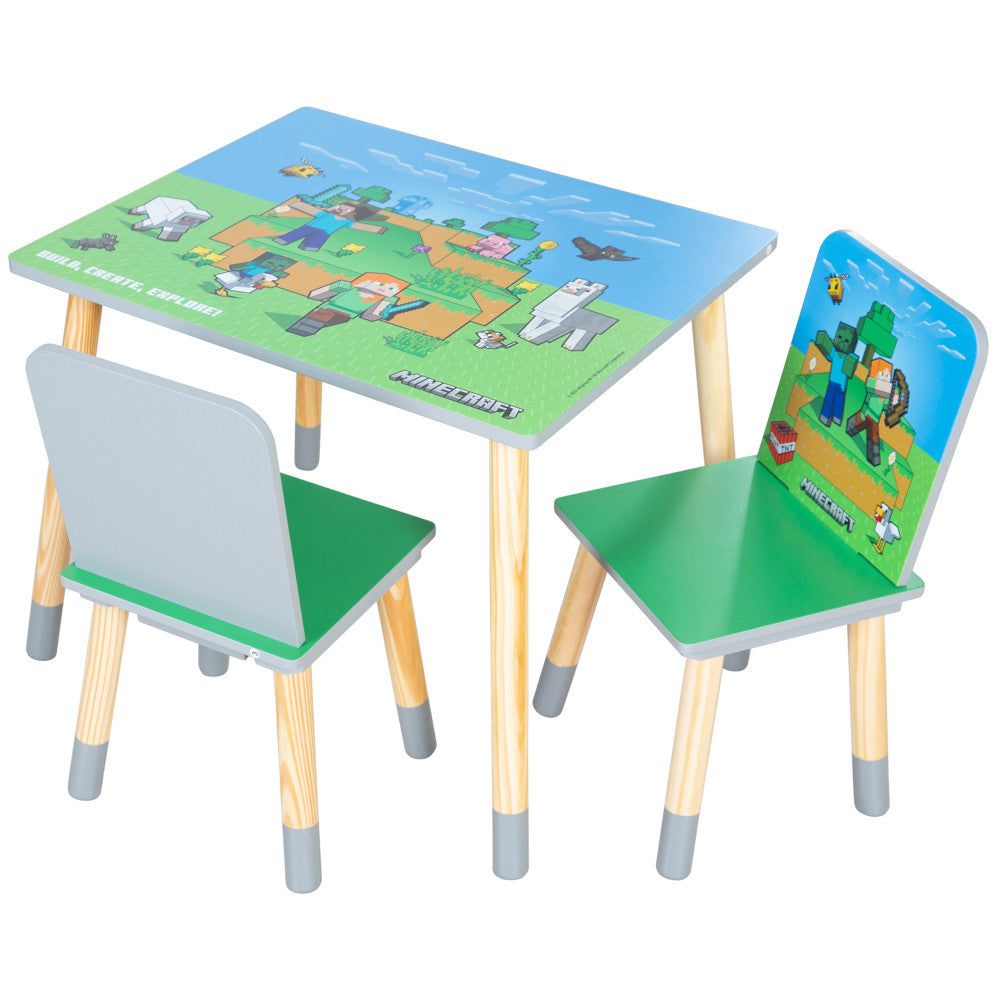 Minecraft: Seating Group Set - Table & 2 Chairs - Green & Blue, Kids Wooden Minecraft Set