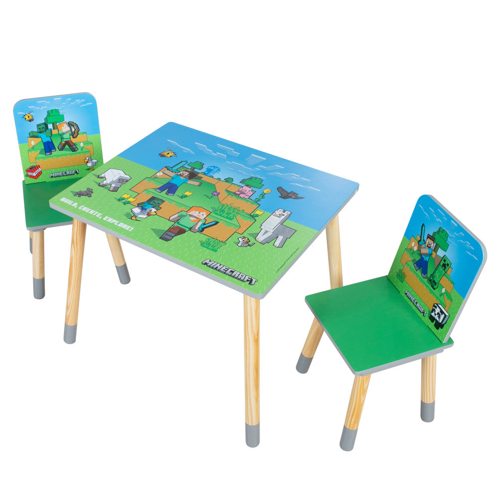 Minecraft: Seating Group Set - Table & 2 Chairs - Green & Blue, Kids Wooden Minecraft Set