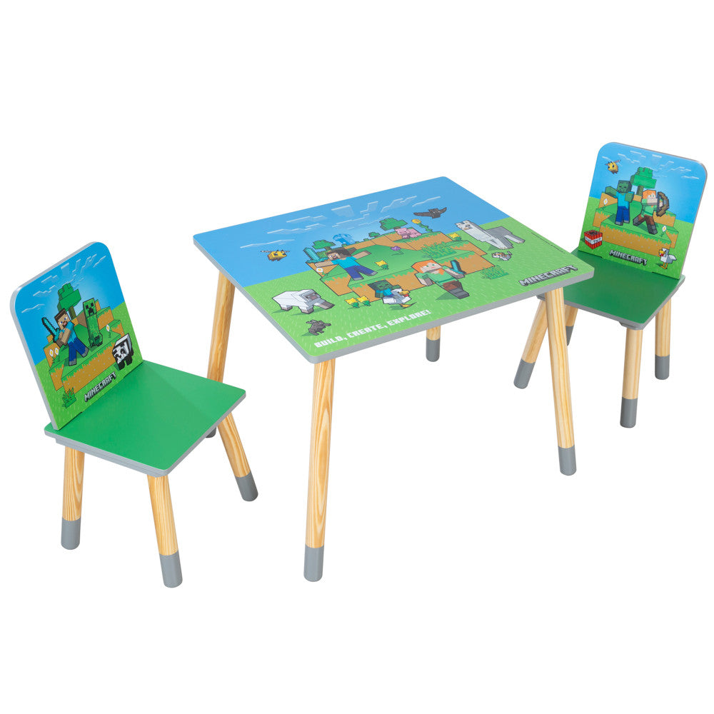 Minecraft: Seating Group Set - Table & 2 Chairs - Green & Blue, Kids Wooden Minecraft Set