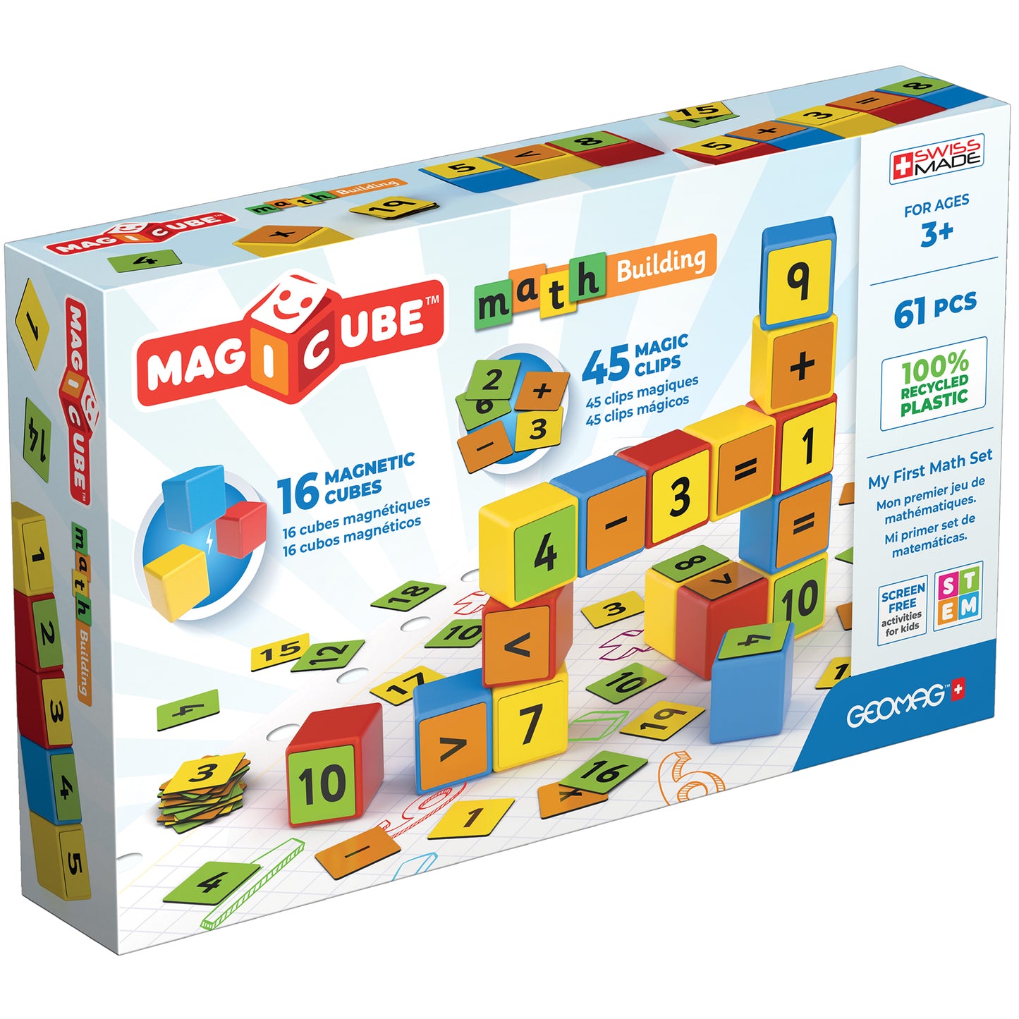 Geomag Magicube Math Building Set - 61 Pieces, Recycled, Colorful Magnetic Blocks