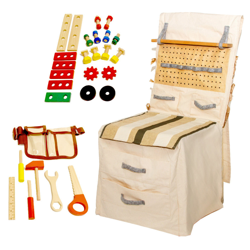 PopOhVer 39-Piece Pretend Play Builder Set - Realistic Wooden Tools