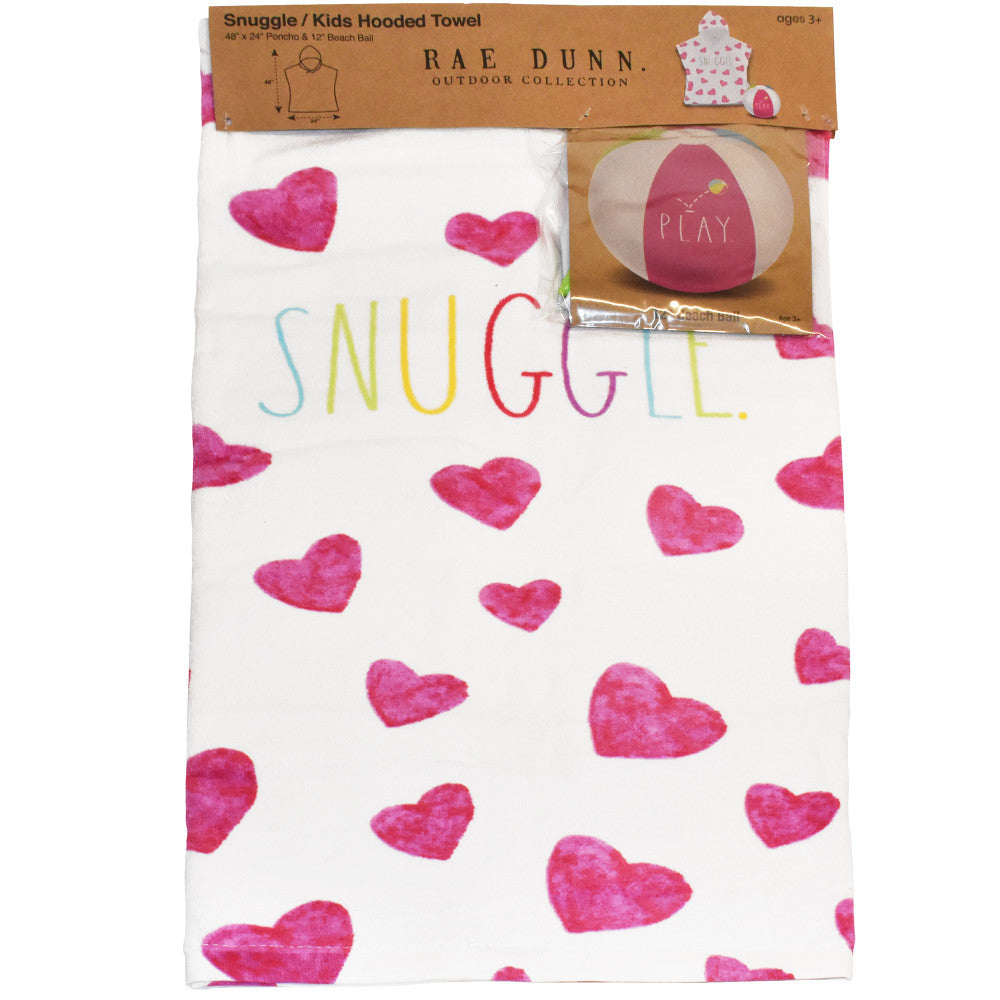 Rae Dunn Snuggle Kids Hooded Towel & Beach Ball Set - Hearts 48"x24" Cotton Terry Poncho