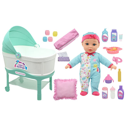 Little Darlings: 12" Bassinet Baby Doll Set - Teal, Pink, Stars - Soft Body Doll, Kids Ages 2+