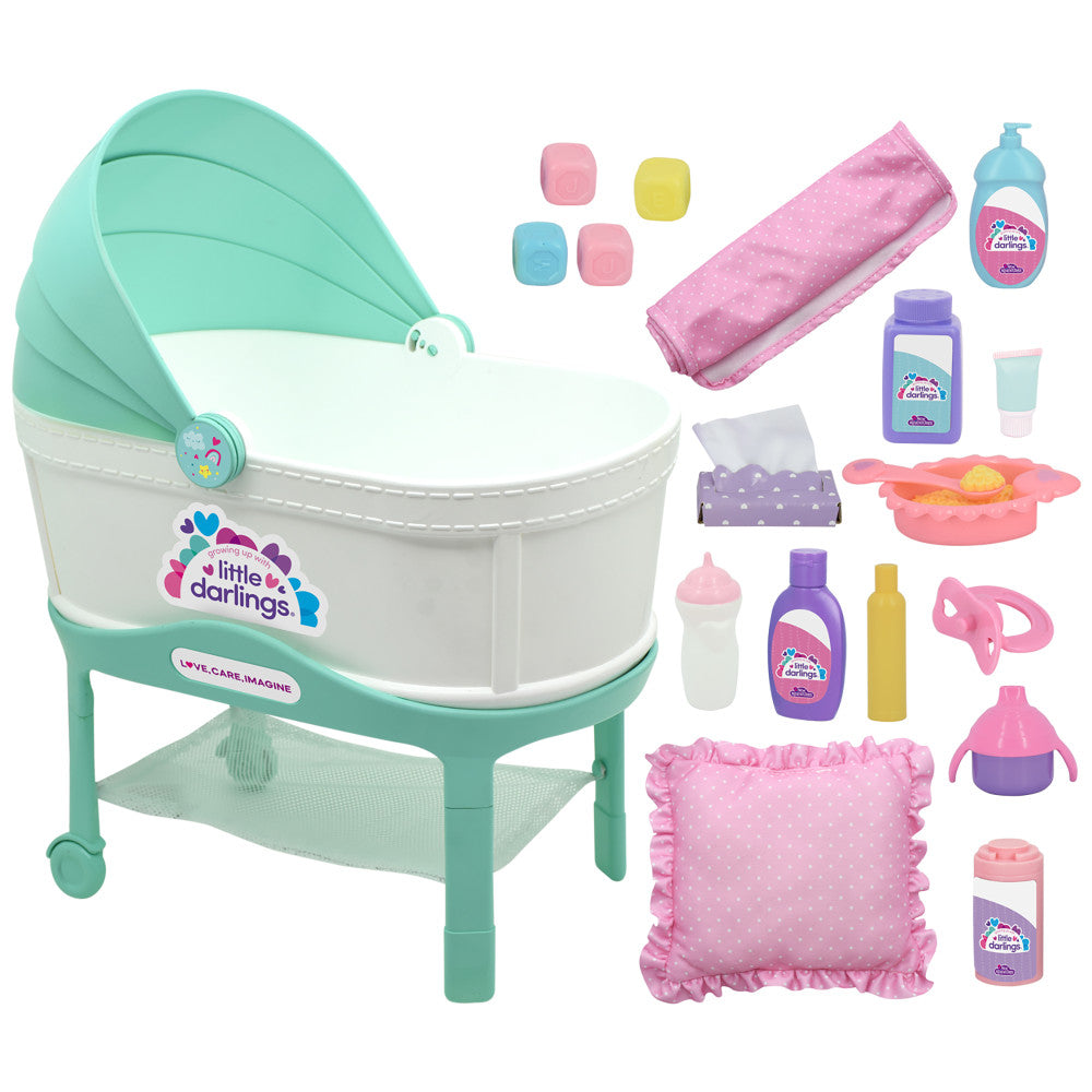 Little Darlings: 12" Bassinet Baby Doll Set - Teal, Pink, Stars - Soft Body Doll, Kids Ages 2+