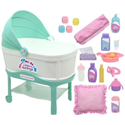 Little Darlings: 12" Bassinet Baby Doll Set - Teal, Pink, Stars - Soft Body Doll, Kids Ages 2+