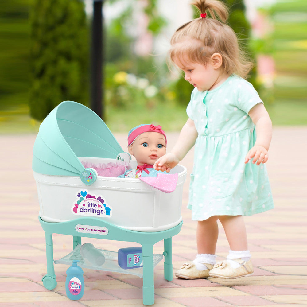 Little Darlings: 12" Bassinet Baby Doll Set - Teal, Pink, Stars - Soft Body Doll, Kids Ages 2+