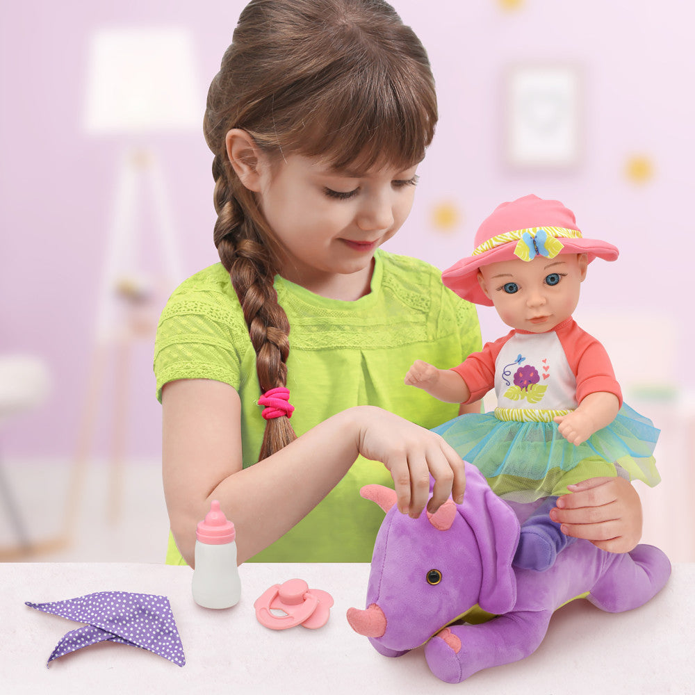 Little Darlings: Hop On Baby & Plush Dino - 15" Baby Doll & Purple & Green Dinosaur Friend